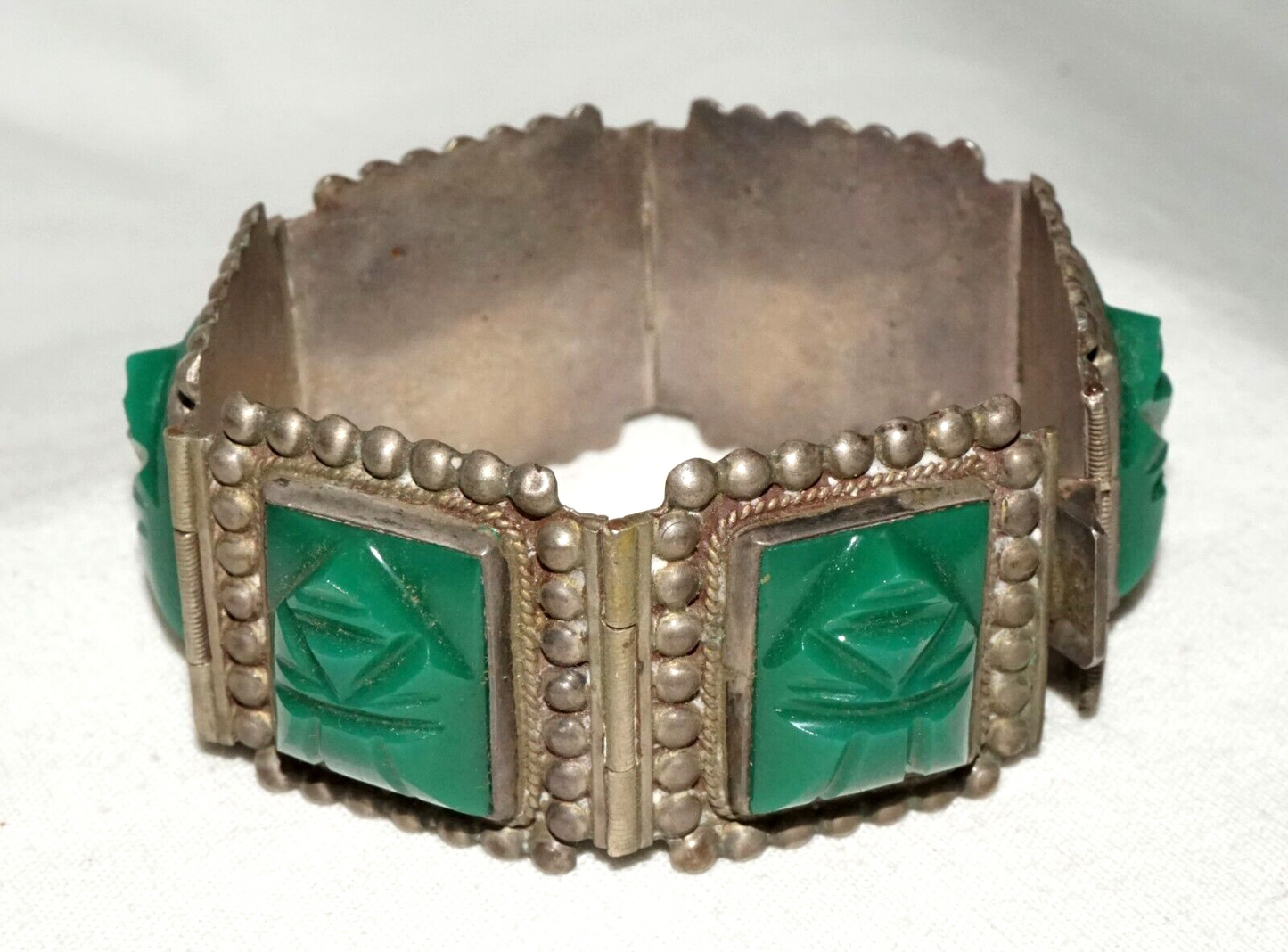 Vtg Mexican Modernist Sterling Silver & Green Synthetic Accents Bracelet (TuD)