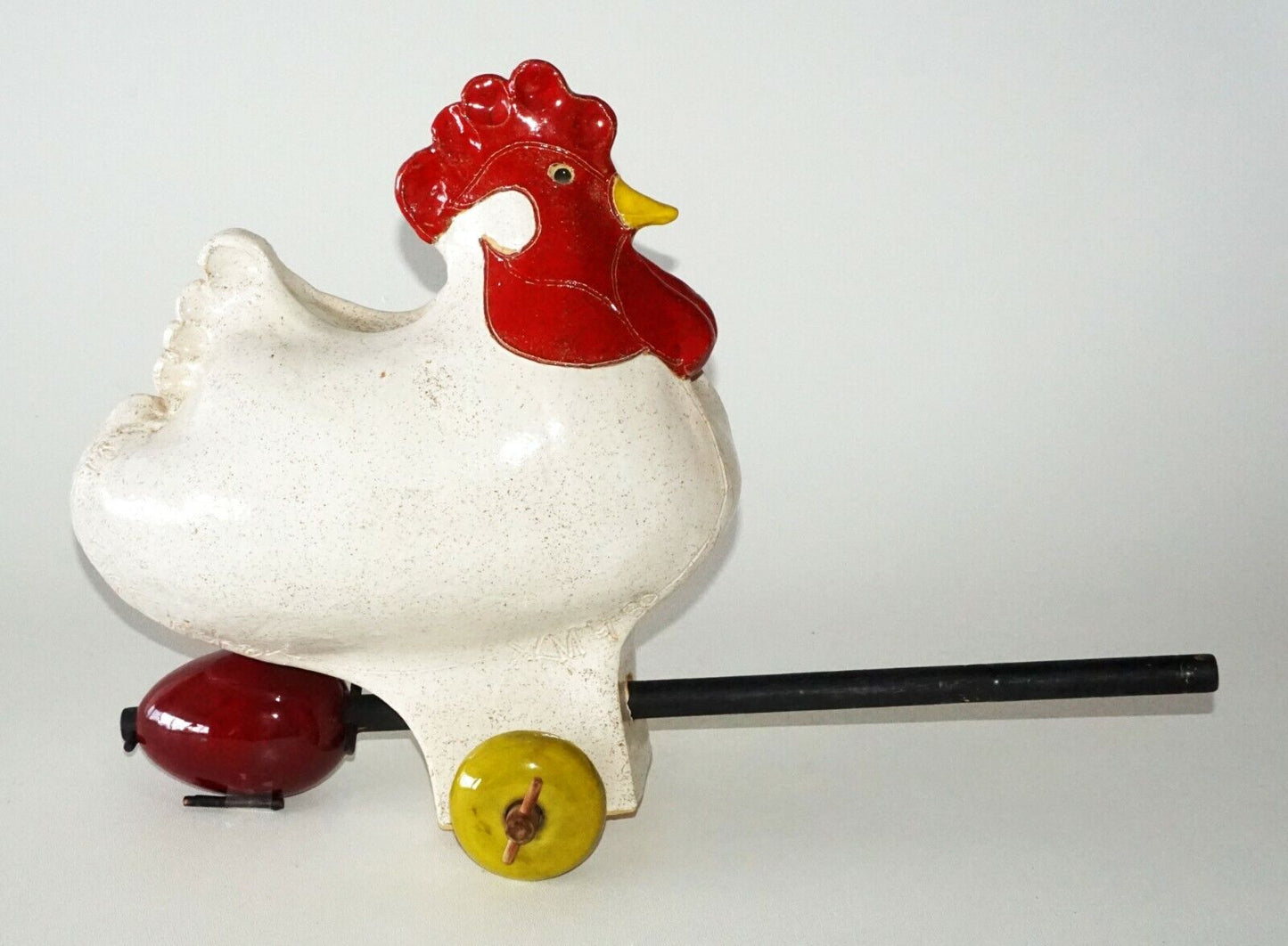 1980s US Pottery "Big Big Chicken" Egg Piggy Bank on Wheels sign AKM (TaE) IC