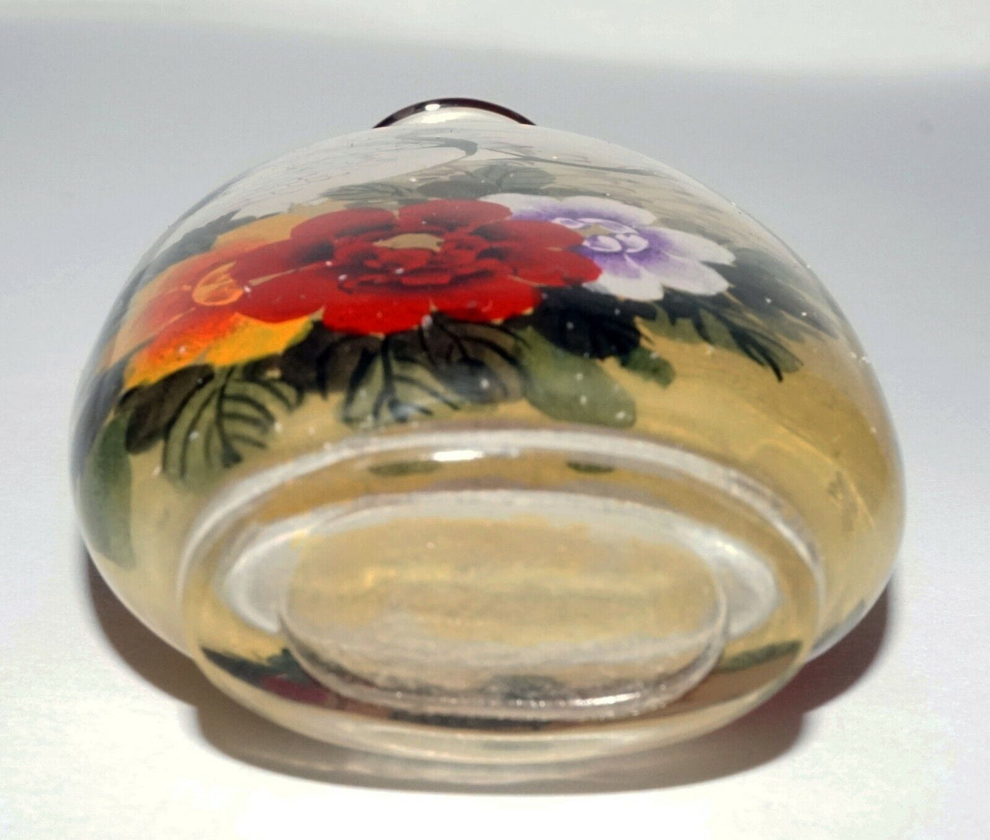 Vintage Chinese Reverse Painted Glass Snuff Bottle w. Birds & Flowers (LeS)