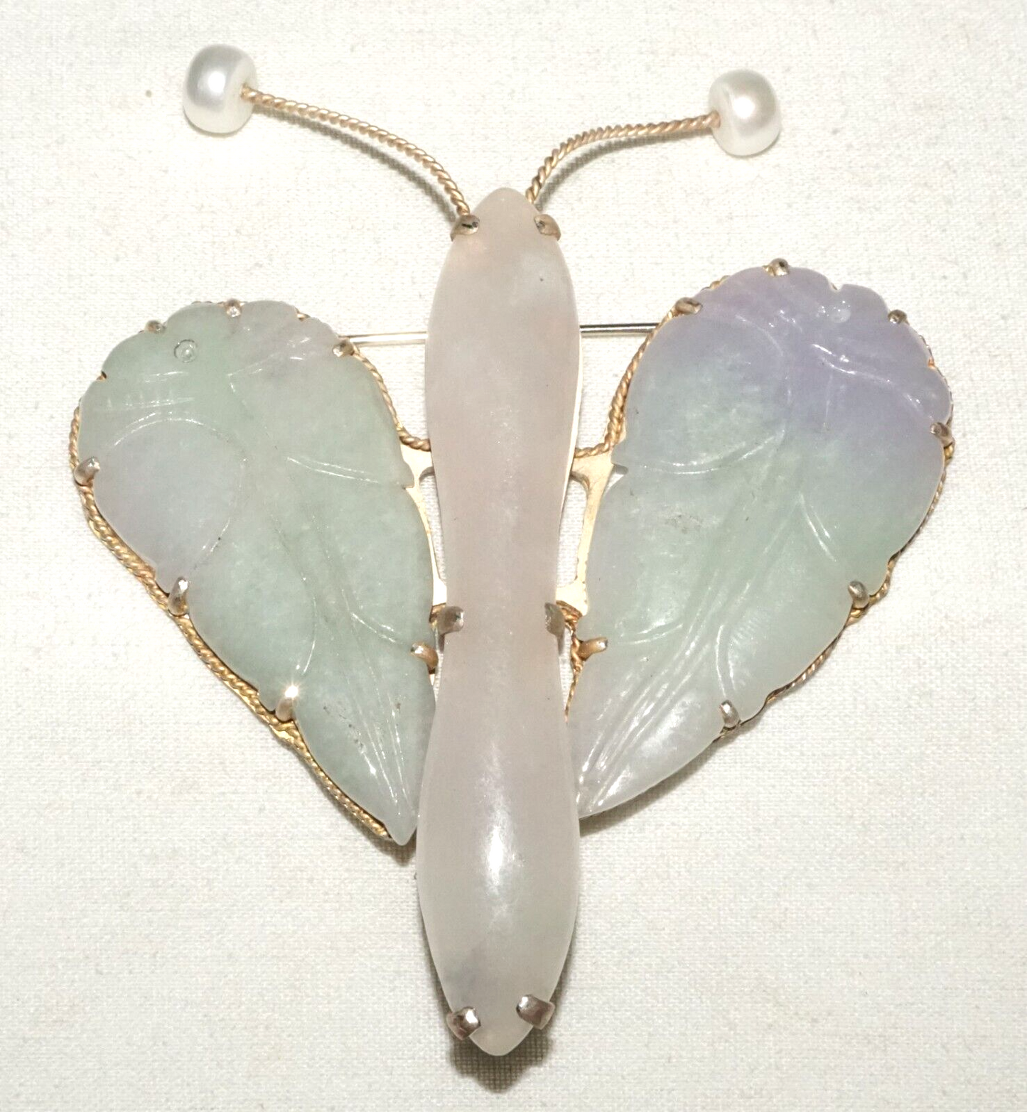 Vintage Chinese Large Butterfly Brooch Pendant w. 3x Lavender Jade Accents (LeP)