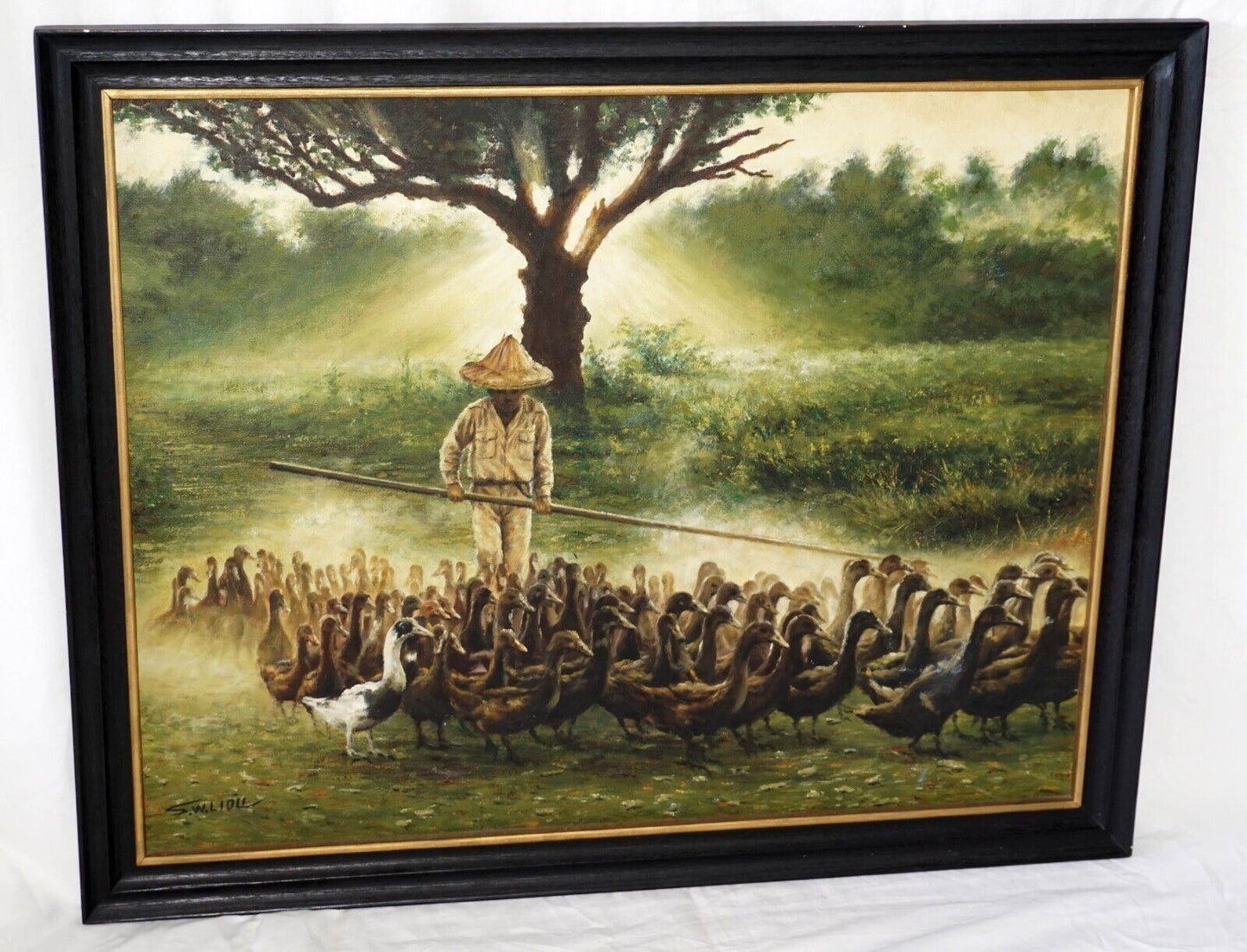 1970s Chinese Framed Oil Painting Man Herding Ducks by S.W. Liou (HoJ)