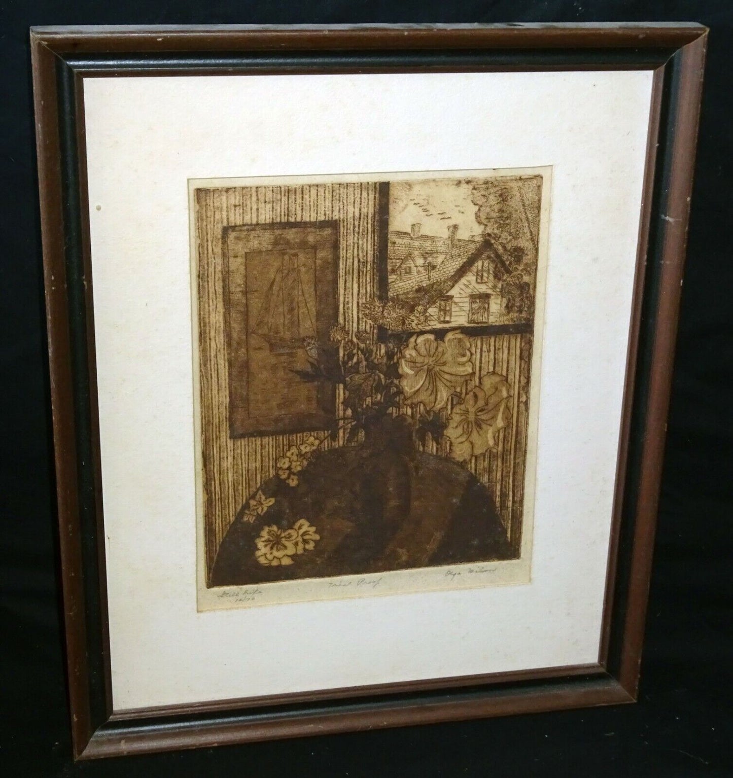 1970s US Etching Print "Still Life w. Flowers" by Olga Wilson (1919-2010)(CuM)