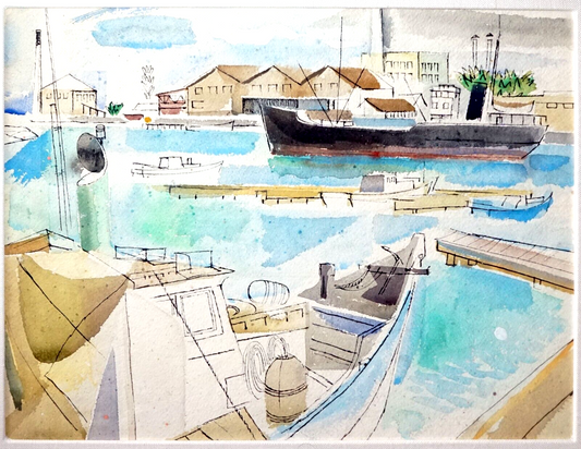 1960 Hawaii Watercolor Painting Honolulu Harbor by Keiichi Kimura (1914-88)(PeN)