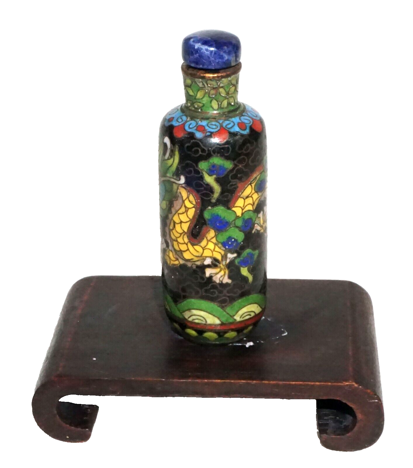 Vintage Chinese Cloisonné Snuff Bottle Writing Dragon Motif w. Sodalite (Kai)