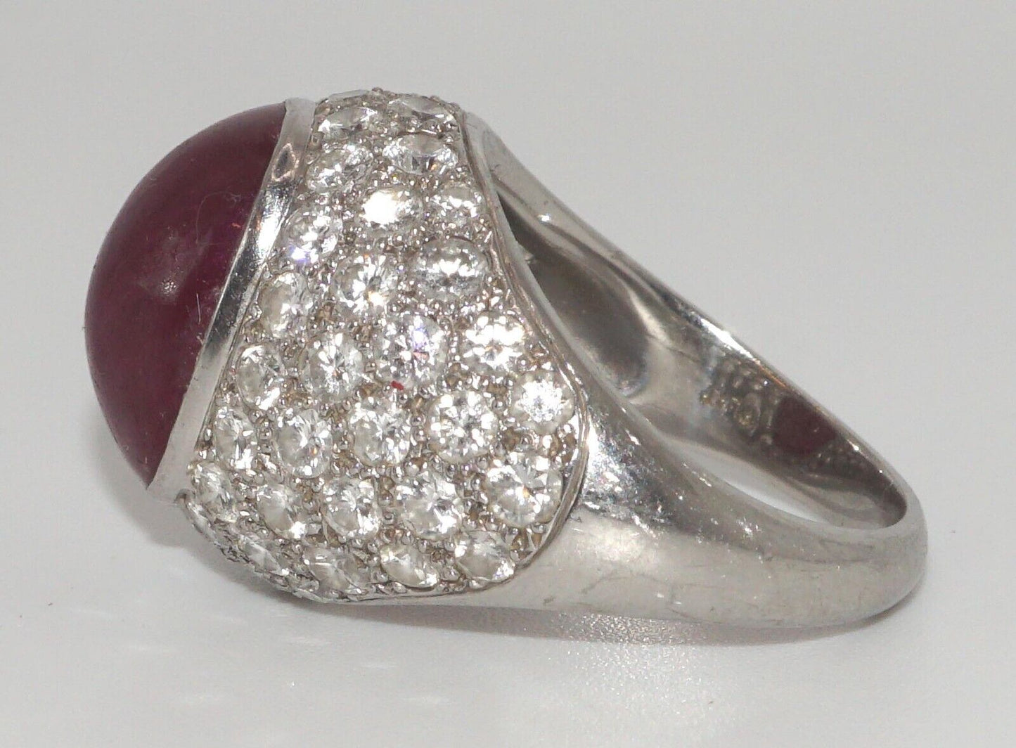 Vintage Platinum Ring w Ruby Cabochon & Diamond Pave-Set Dome Sz. 9 1/2 (LeD)