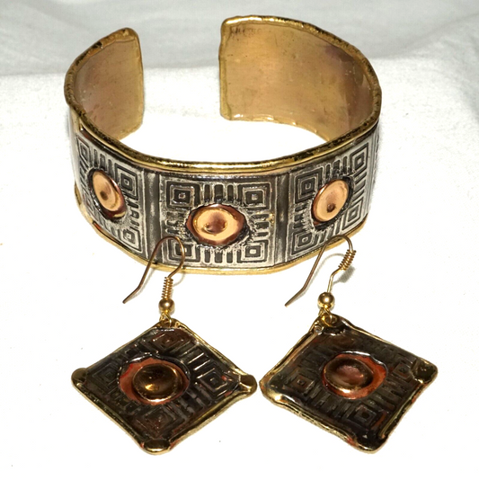 3Pc Modernist Silver & Copper & Brass Handmade Earrings & Bracelet (KoS) L13/19