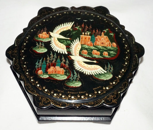 Vintage Russian Octagonal Hinged Top Lacquer Box Birds & Landscape signed (AHB)