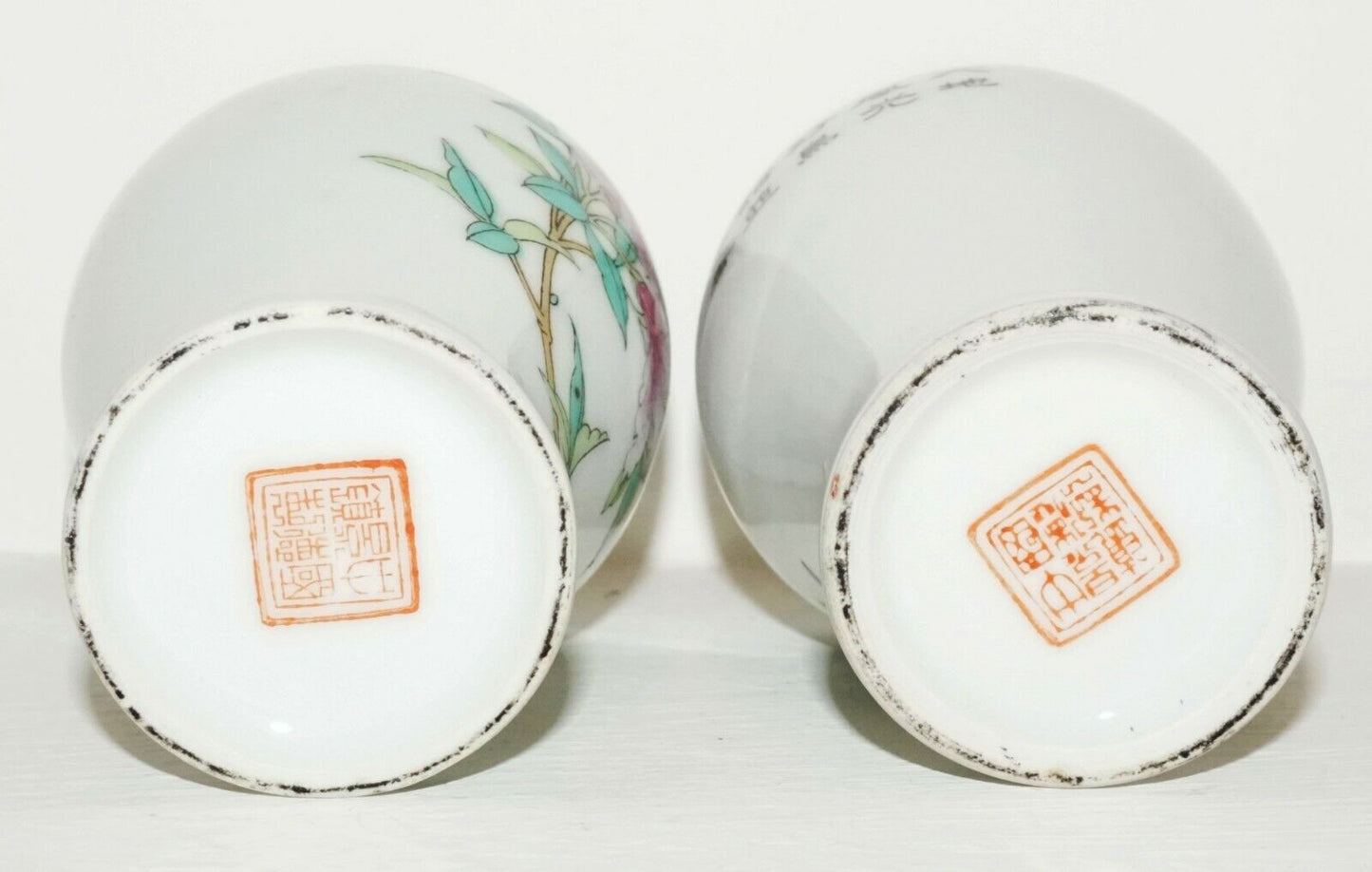 Pair of Chinese Republic Period Miniature Vases w. Flower & Bird Motifs (BrM)