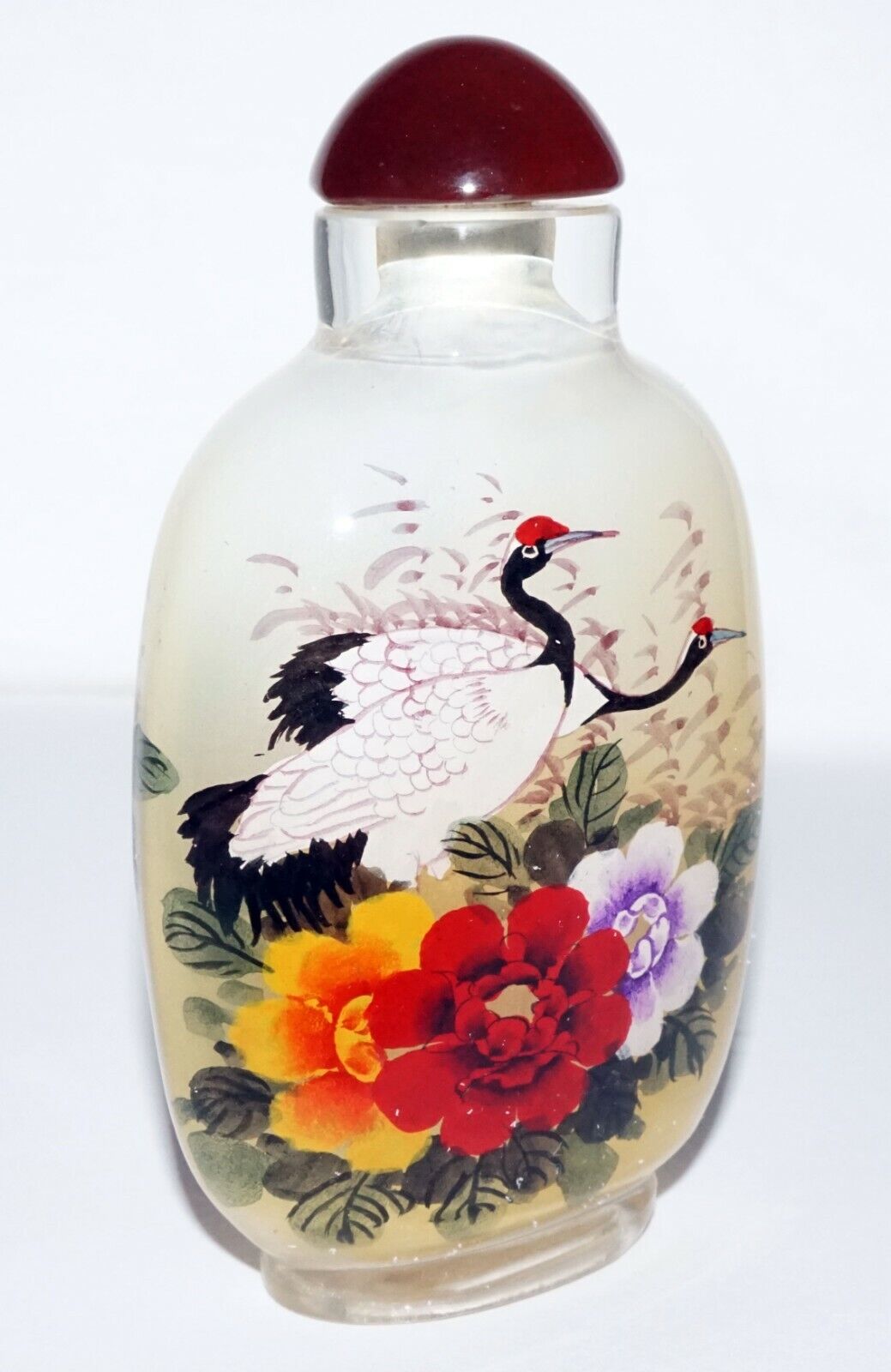 Vintage Chinese Reverse Painted Glass Snuff Bottle w. Birds & Flowers (LeS)