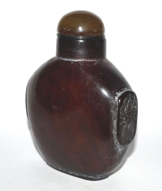 Vintage Chinese Brown Agate Carved Snuff Bottle w. Mask Handles (LeS) G12