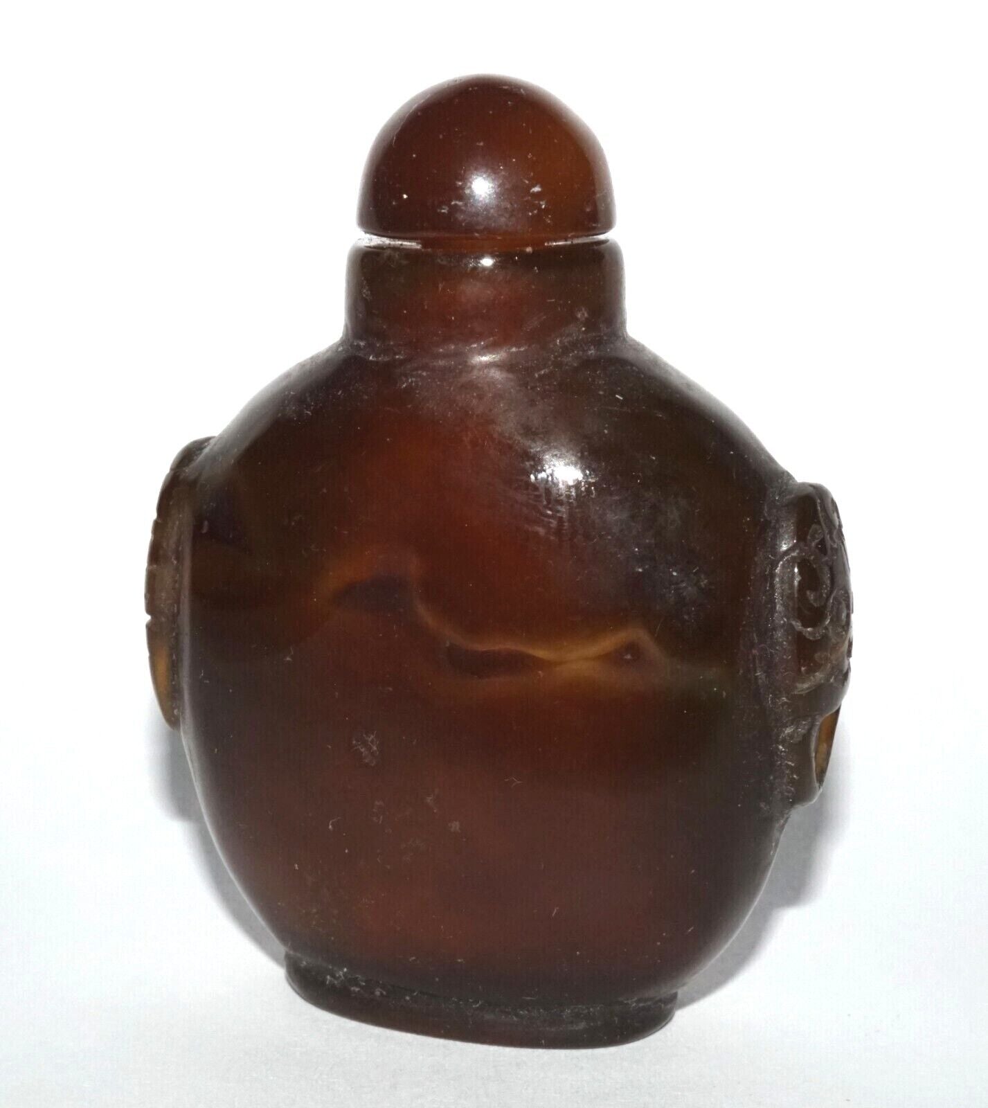 Vintage Chinese Brown & White Agate Carved Snuff Bottle w Mask Handles (LeS) G12