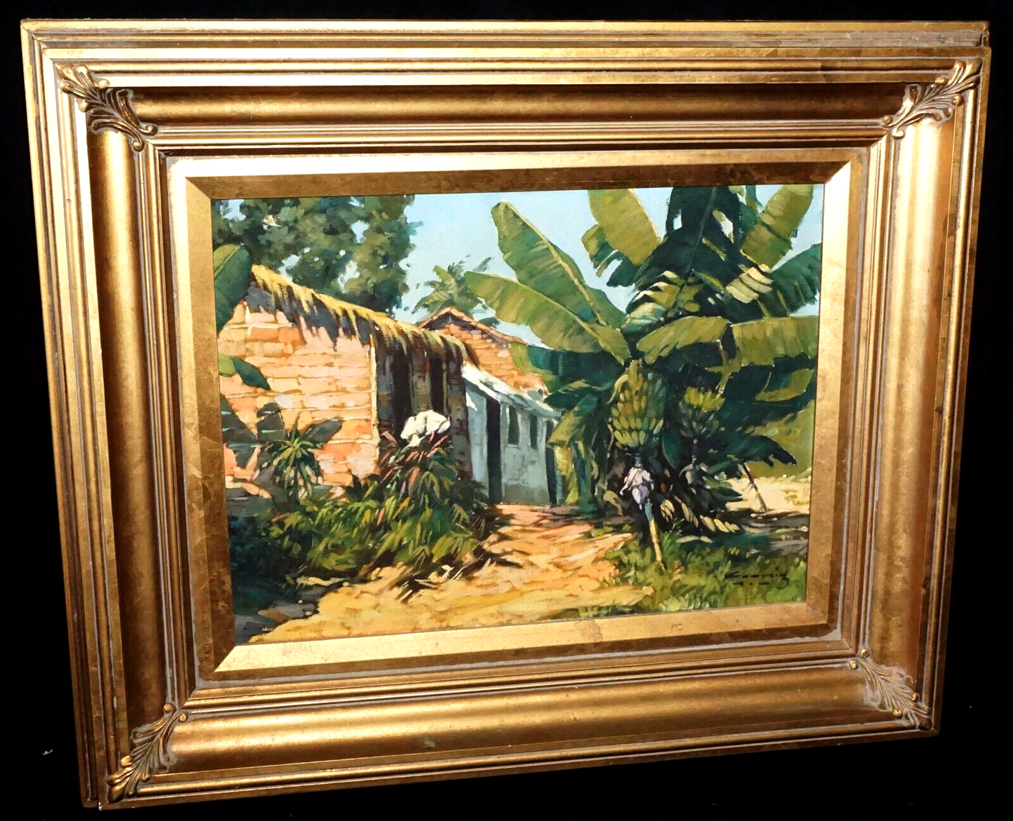 40s Brazil Island Oil Painting Grass Shacks & Bananas by Alfredo Koenig (New)