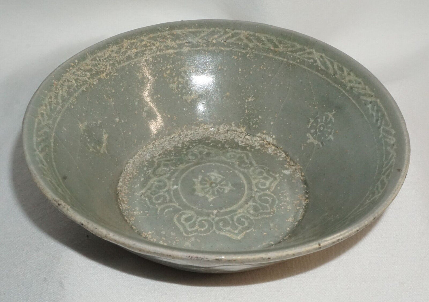 14C Korean Koryo Inlaid Pottery Bowl Celadon Glazed w. Floral Designs (JSt)2 IC