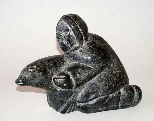 1970s Canada Eskimo Stone Carved Hunter & Walrus Sculpture signed illegibly(Kor)