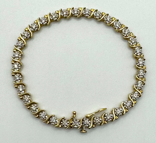 14K Yellow Gold 33x Diamond Tennis Bracelet Total 1 ct. w Box Safety Clasp (MeK)