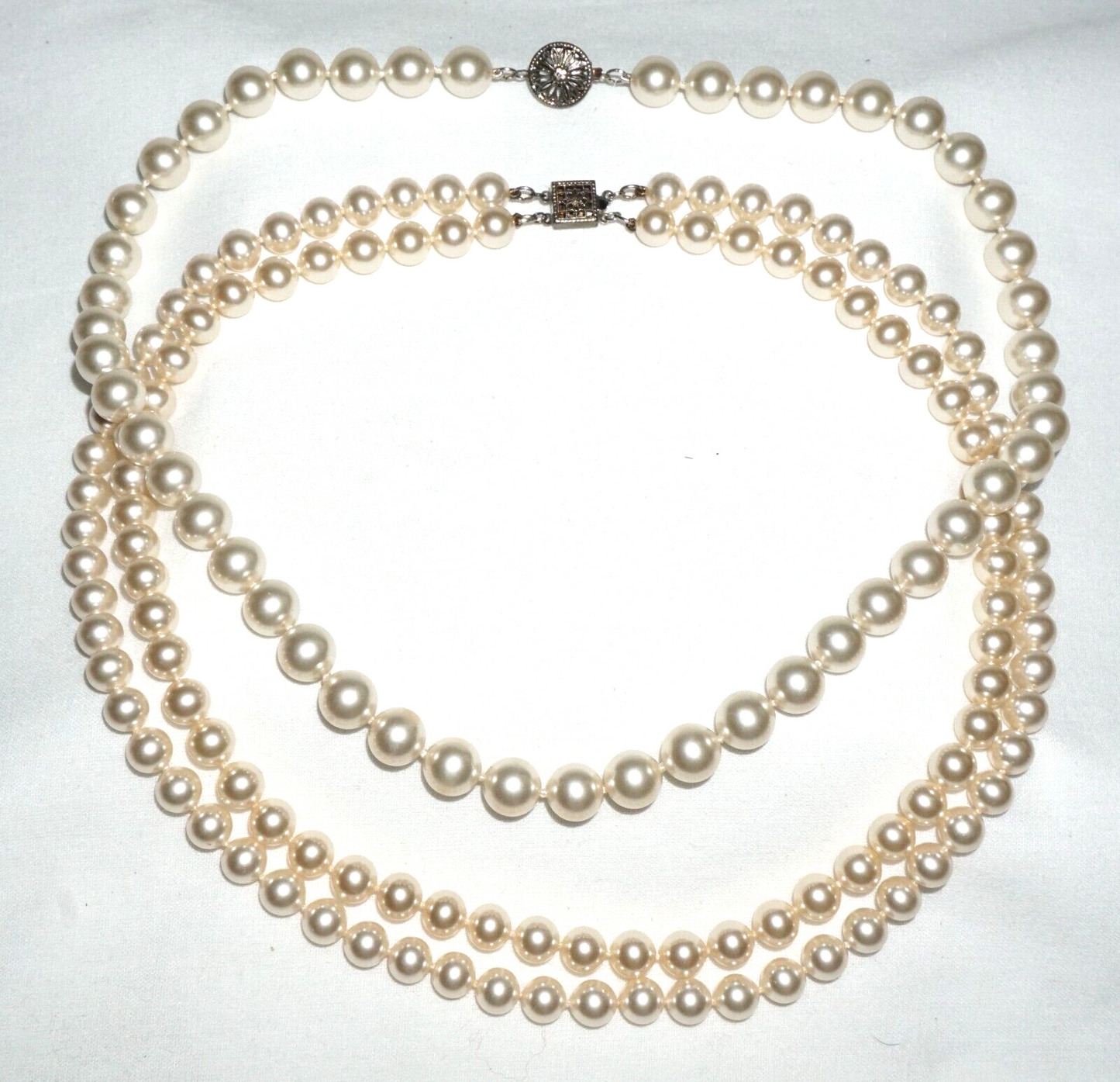 2Pc Vintage Faux Pearl Single & Double Strand Necklaces w. Silver Clasps (BrM)