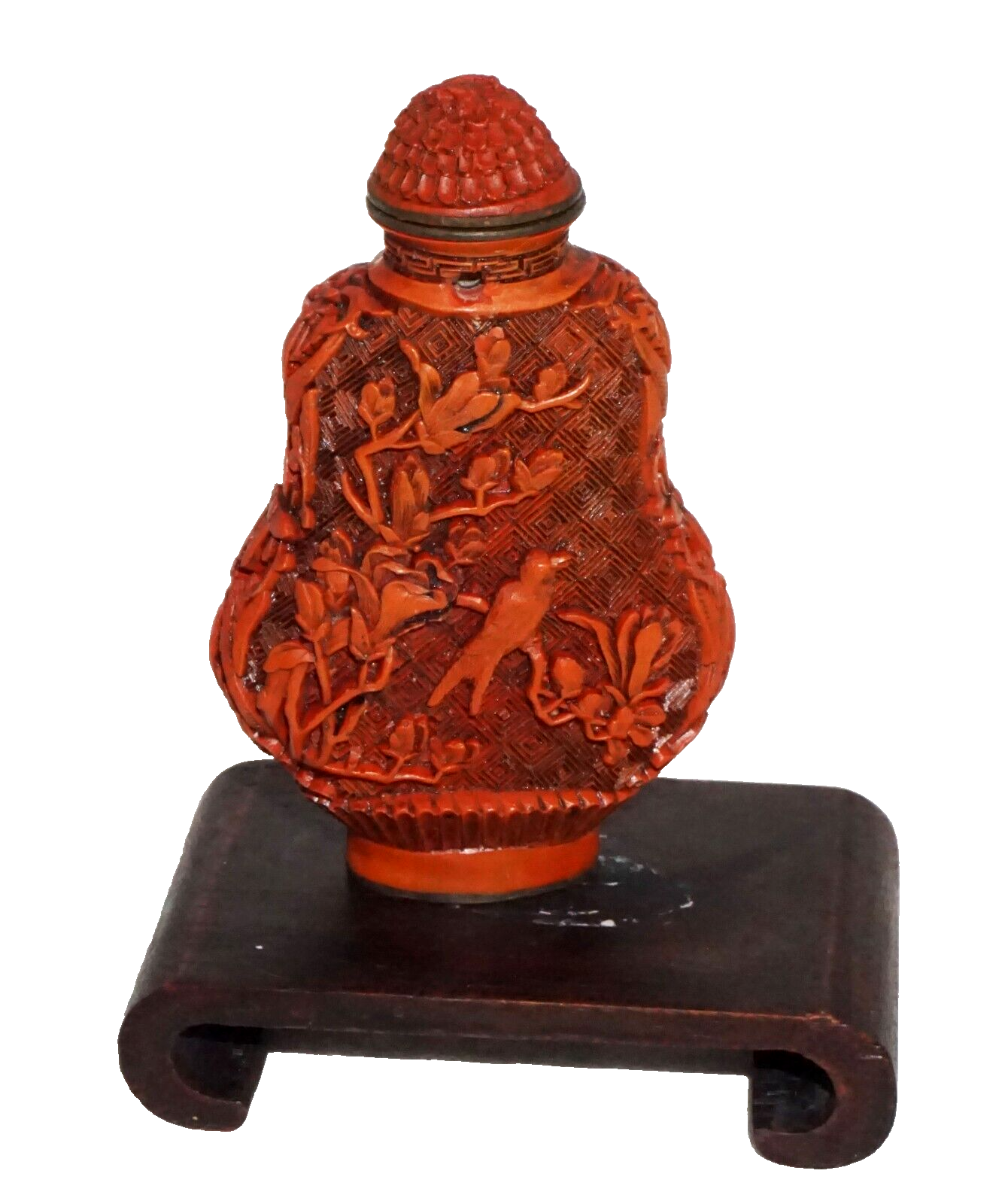 Chinese Cinnabar Style Carved Snuff Bottle w. Birds Motifs & Reign Mark (Kai)