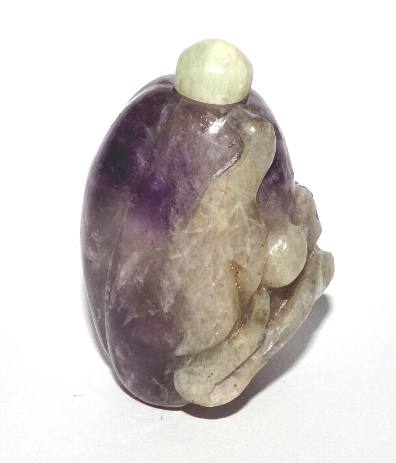 Vintage Chinese Purple Fluorite Carved Snuff Bottle w. Stone Stopper (LeS) G12