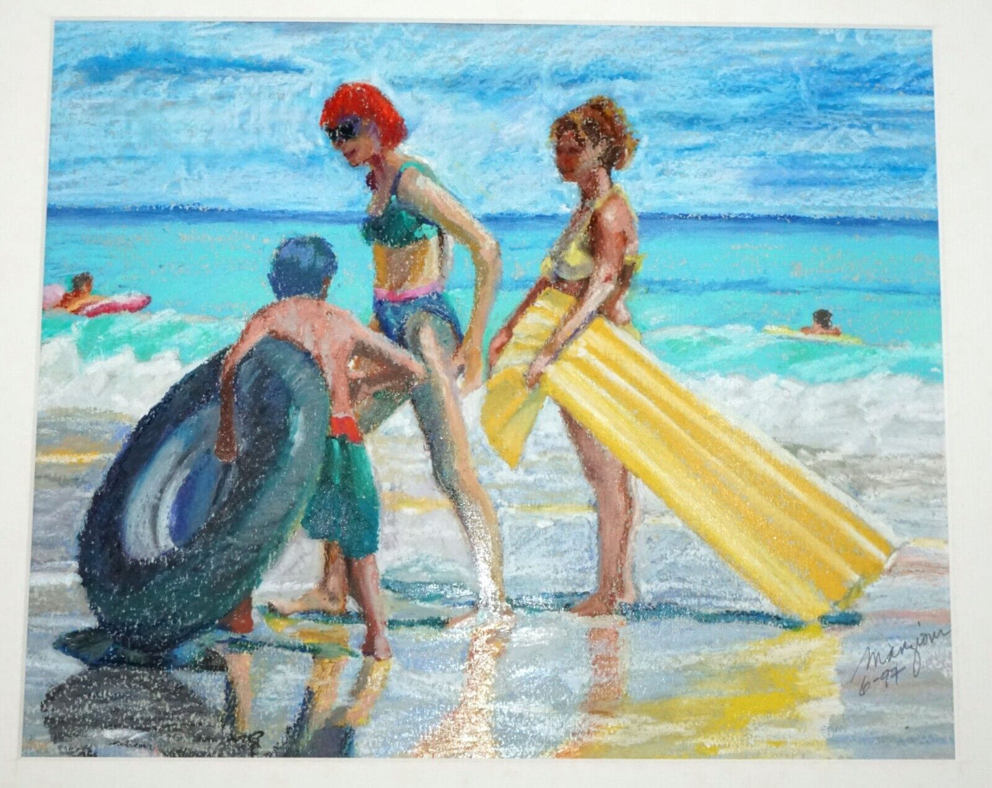 1997 Hawaii Oil Pastel Painting "Windward Beach Goers" by Ingrid Manzione (FeH)