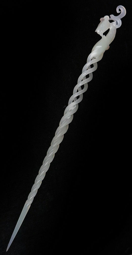 Vintage Chinese Pierced Spiral White Jade Hairpin Extremely Fine Carved (AHB)