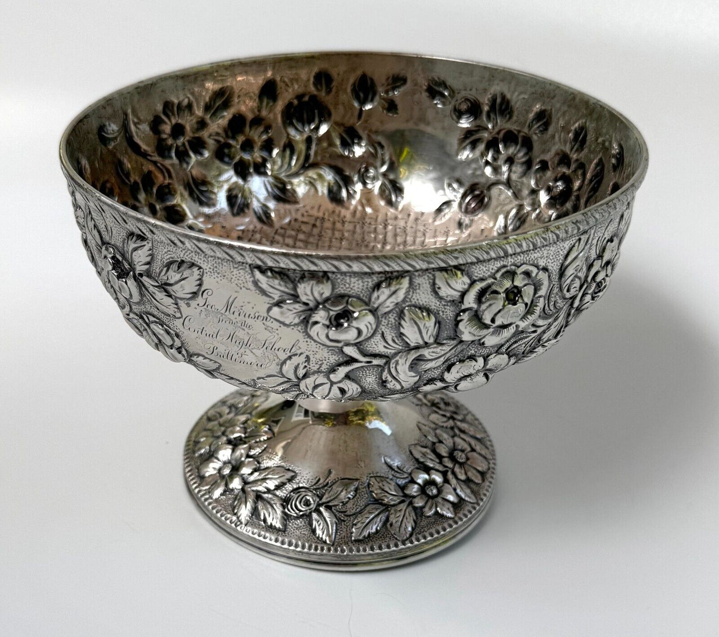 Antique 11 oz Coin Silver S. Kirk & Son Footed Bowl w Floral Repousse (WeP)