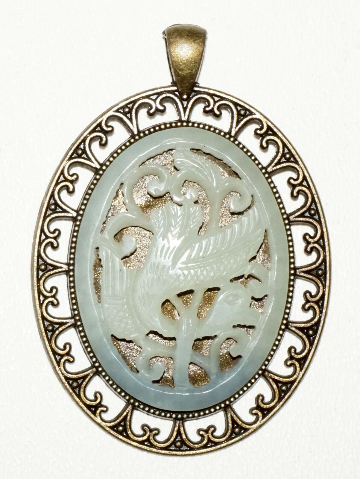 20C Chinese Pierced Oval Pendant set w. Pierced Jade Plaque Phoenix Motif (***)