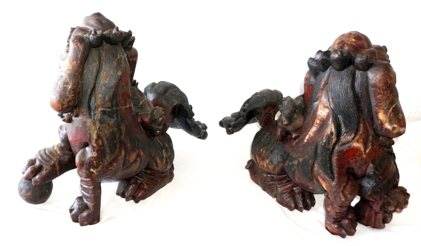 Pair Vintage Chinese Large Carved Assembled Hardwood Lion Dogs Inset Eyes (ChB)