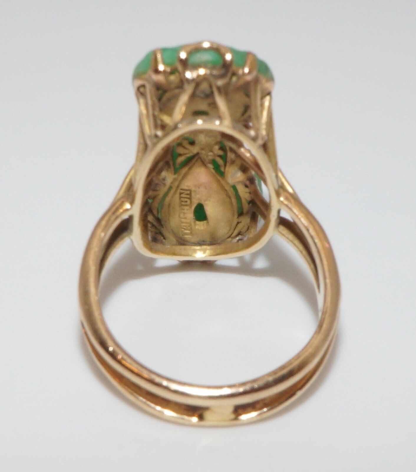 14k Gold Wireframe Ring w 2 Buddha Shaped Apple-Green Jades Sz. 7 1/2 (ArS)