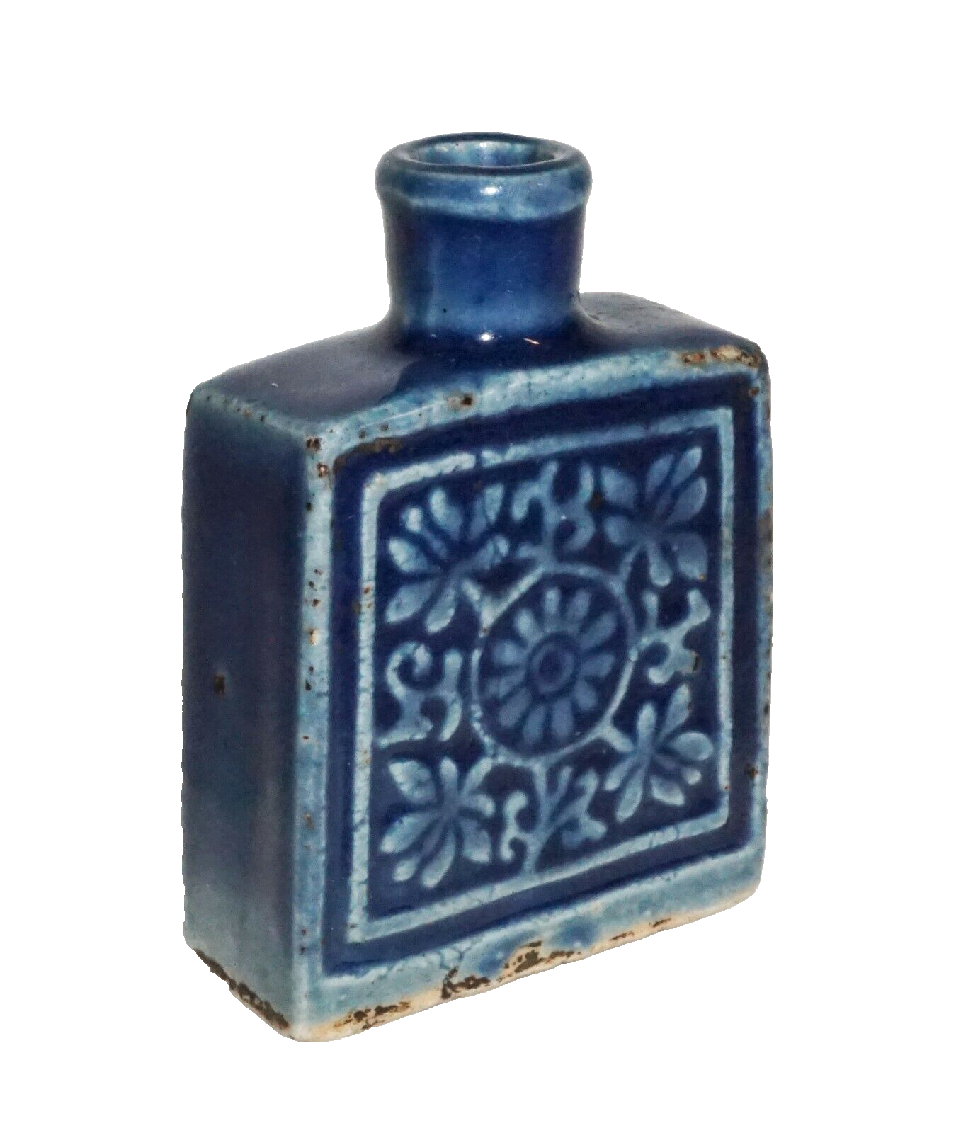 Antique Chinese Blue Glaze Molded Pottery Snuff Bottle w. Floral Motif (Kai) IC