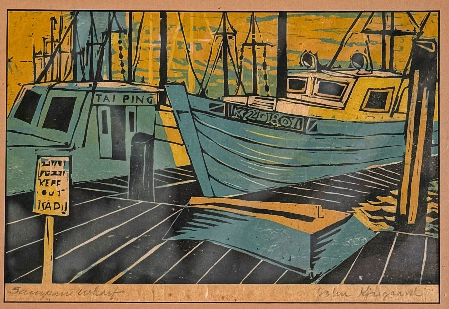 1955 4-Color Woodcut "Sampan Wharf" by John I. Kjargaard (KuK)