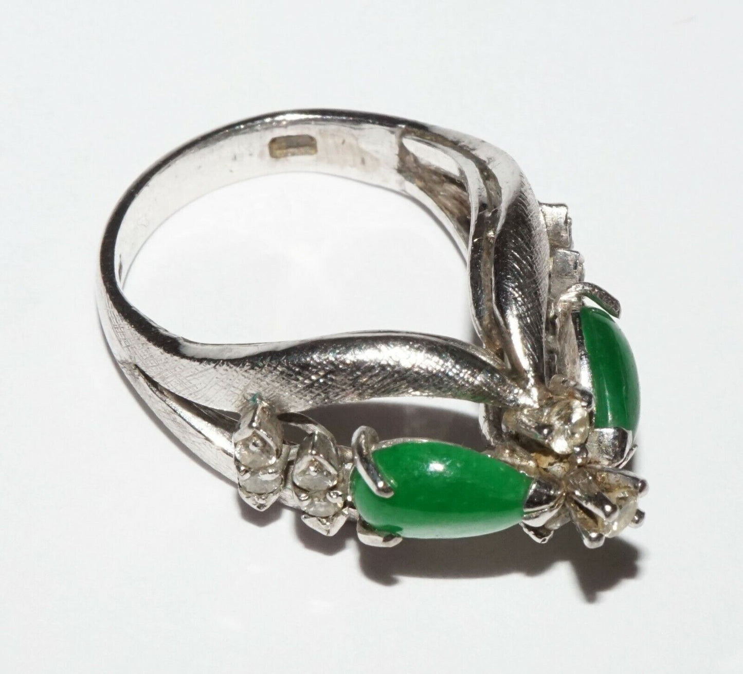 Vintage Chinese White Gold Ring Sz.4.5 w. 2x Jadeite Jades & 11x Diamonds (TaL)