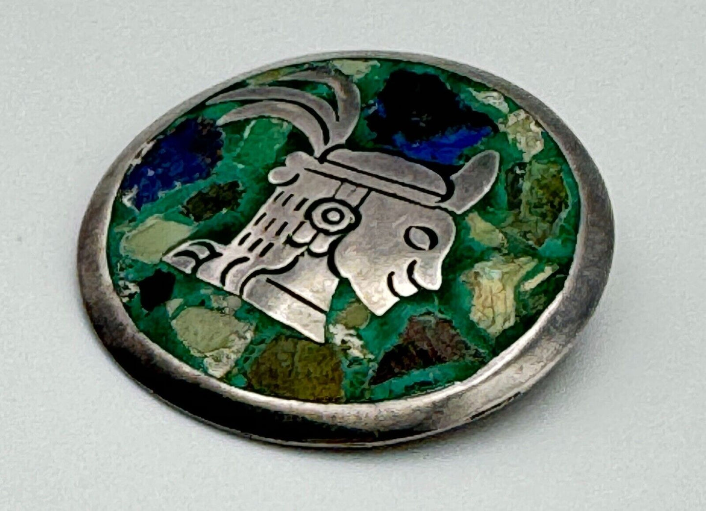 Vintage Mexican Sterling Silver Aztec Azurite Inlay Pin / Pendant (HoJ)