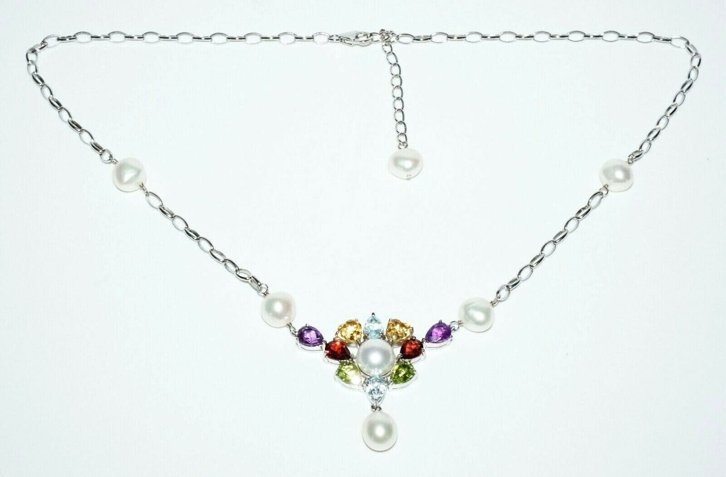 Vintage Sterling Silver Necklace w Pearl Topaz Peridot Garnet Citrine (SaR)#220