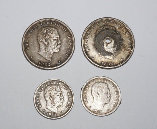 4x 1883 Hawaii Silver Quarter Dollar Hapaha & 10 Cents 1x Dime Kalakaua (Amy)