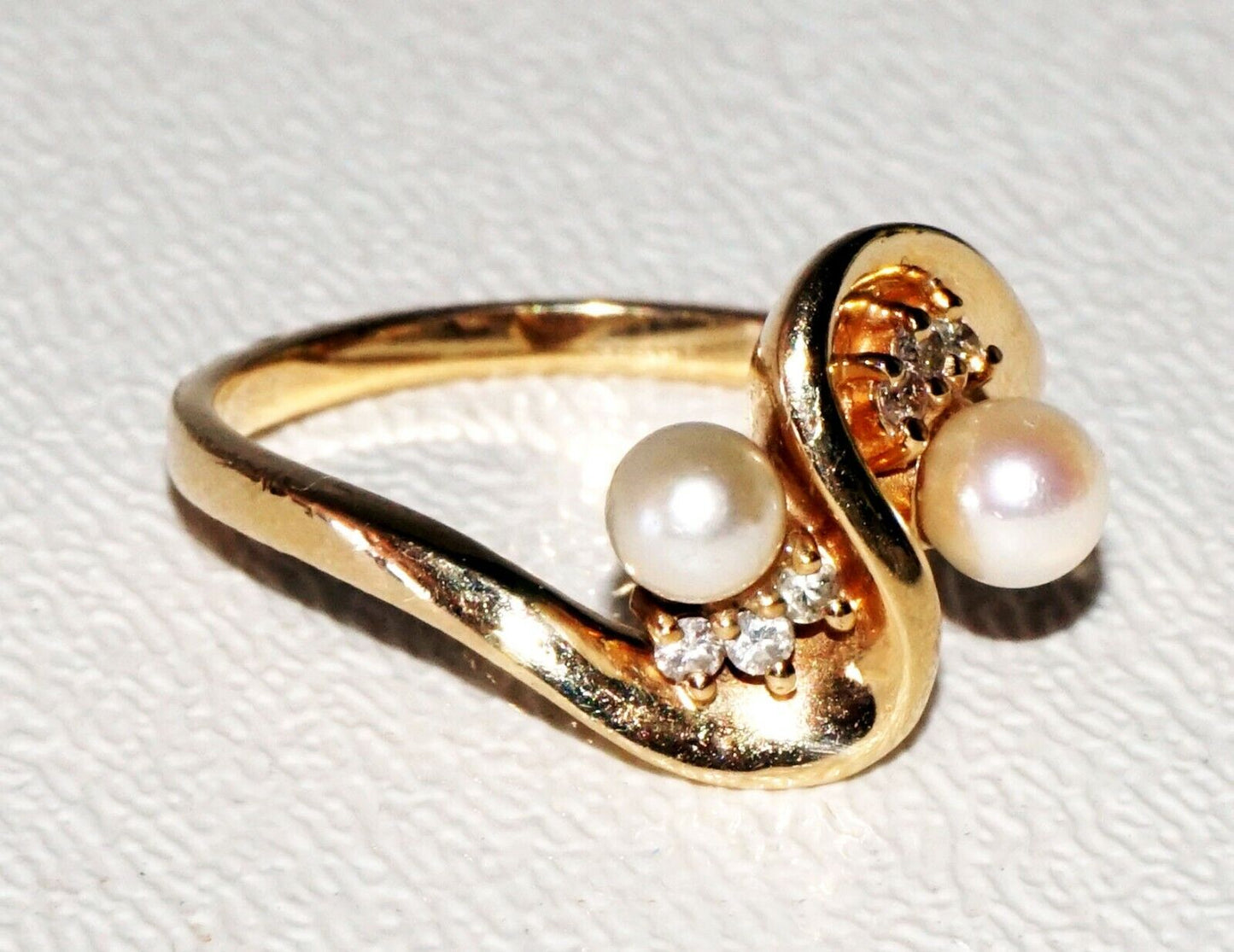 Modernist 14K Yellow Gold Ring Sz. 6.75 set w. 6x Diamonds & 2x Pearls (SaR) #19