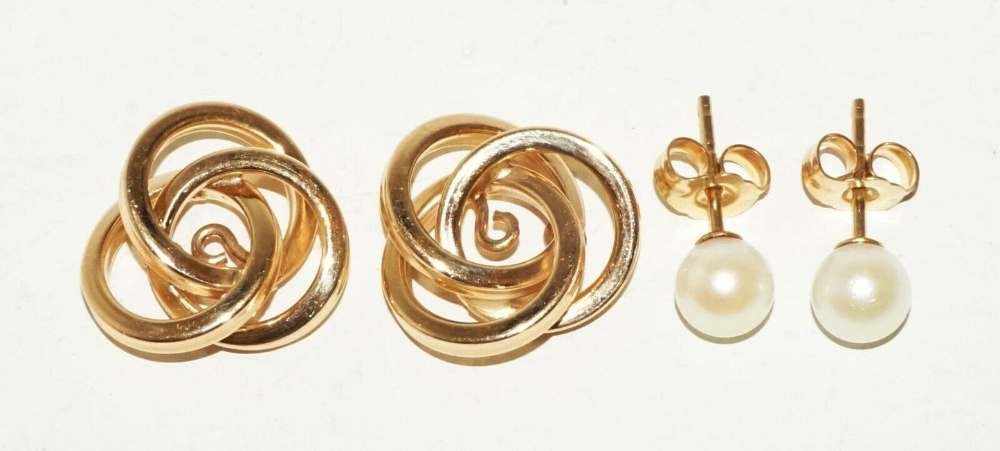 Pair Vintage 14K Yellow Gold Triple Ring and Pearl Design Earrings (HaL)#3