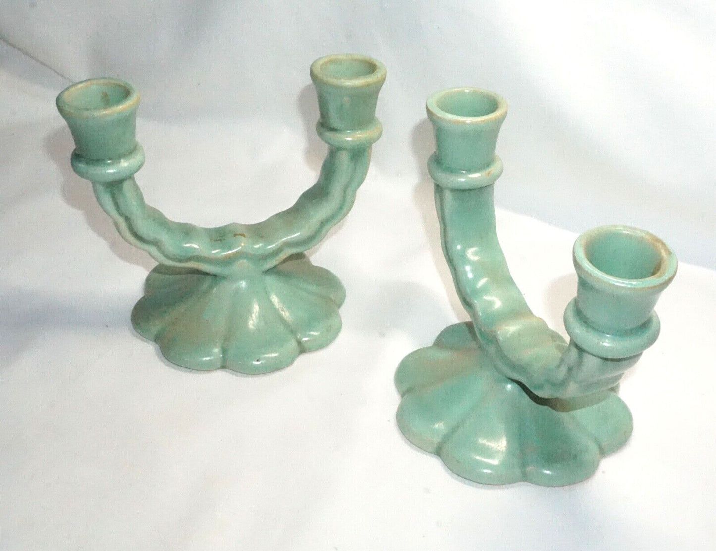 Vtg Pair Camark Pottery Light Aqua Teal Blue U-Shaped Dbl. Candleholders (NeW)