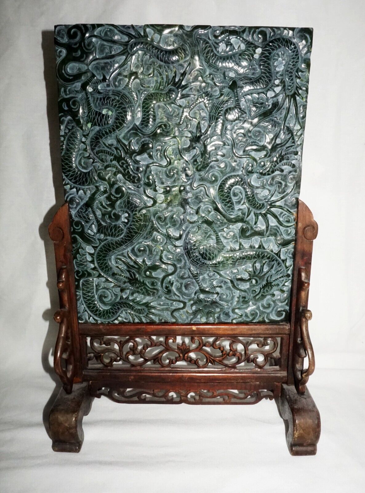 Vintage Chinese Nephrite Jade Table Screen w. Relief Writhing Dragon Stand (LeD)