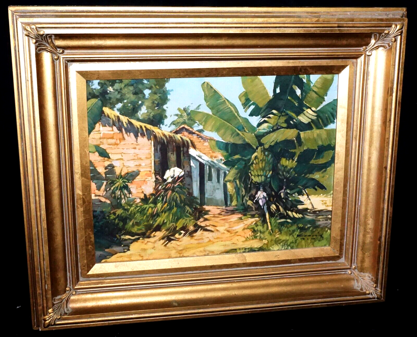 40s Brazil Island Oil Painting Grass Shacks & Bananas by Alfredo Koenig (New)