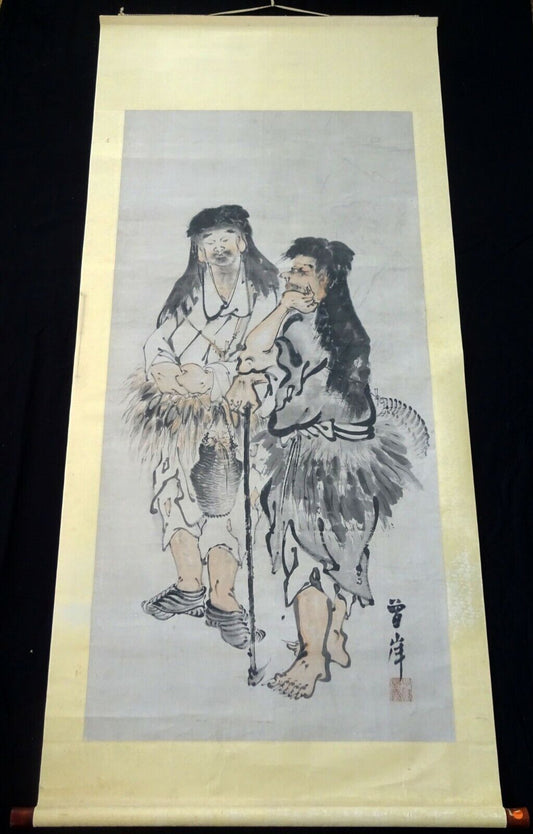 19C Chinese Ink Painting on Paper Scroll Two Daoist Immortals sign Cengan (StP)