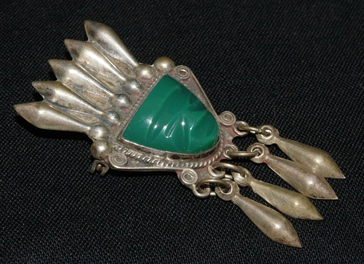 Vintage Mexican Indigenous Mask Motif Sterling Silver & Synthetic Brooch (FeH)