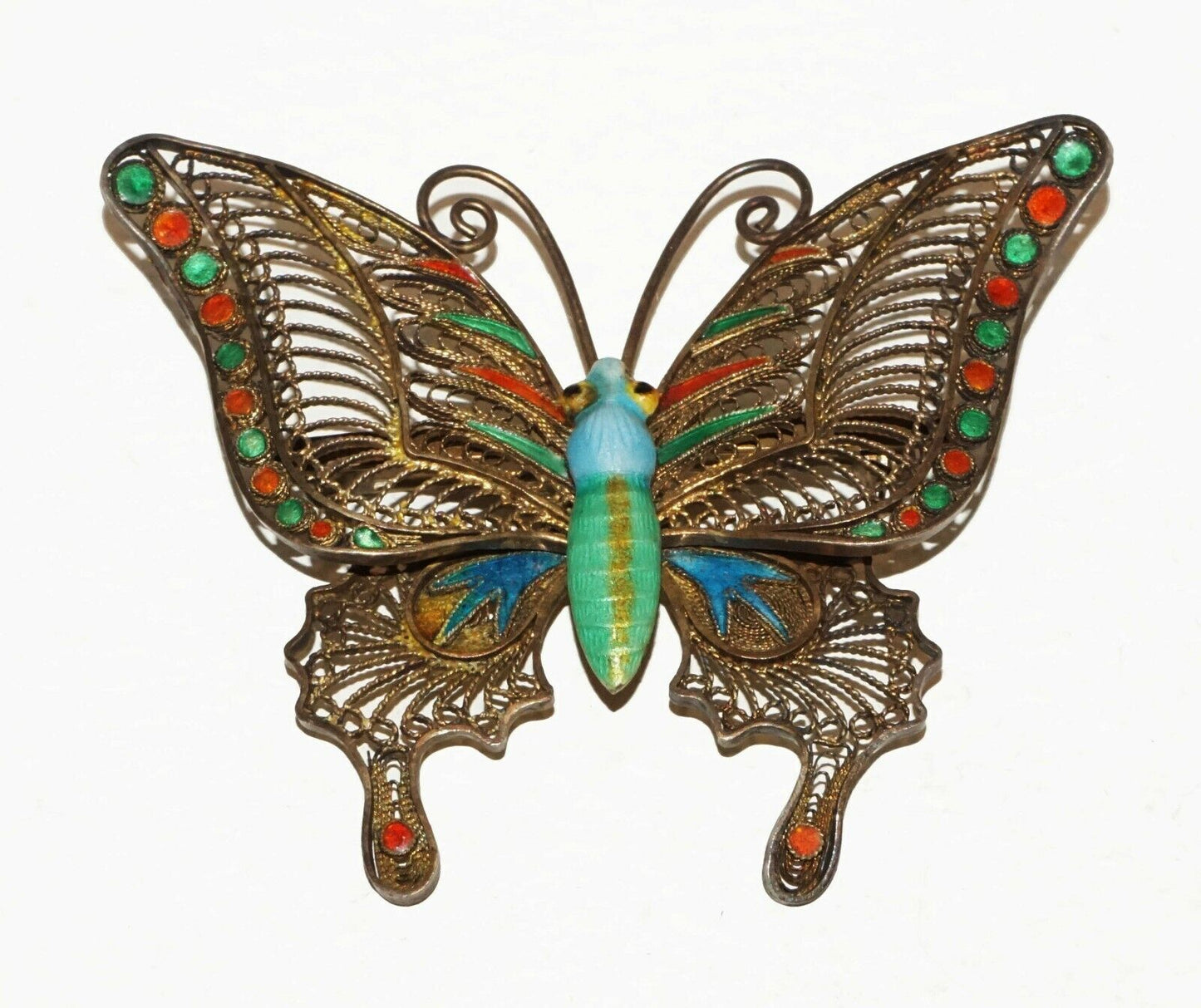 Vintage Chinese Gilt Silver Filigree & Enamel Large Butterfly Brooch (BrM)#15