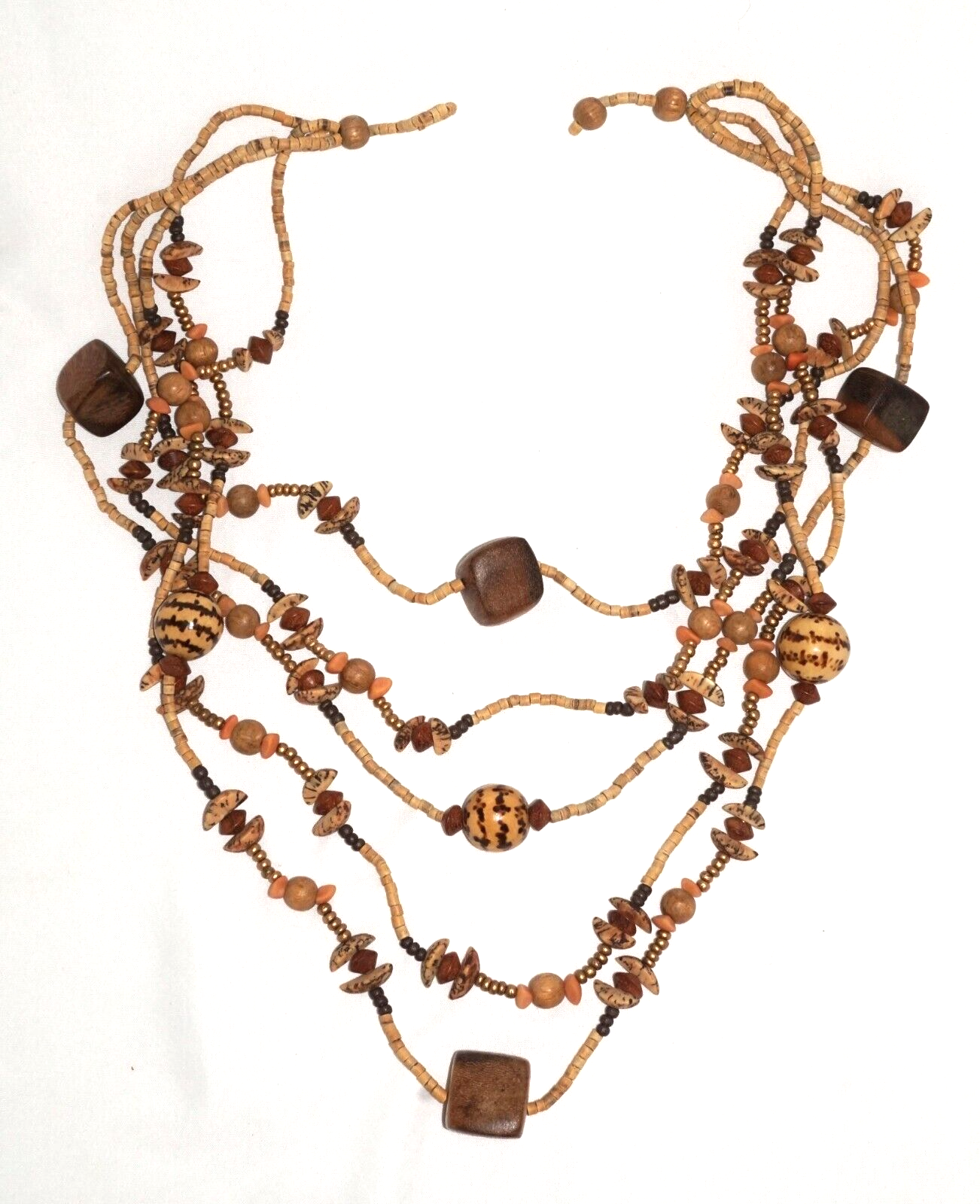 Multi Strand Coconut Shell & Wood Bead Ethnic Necklace & Earring Set (MaM)9