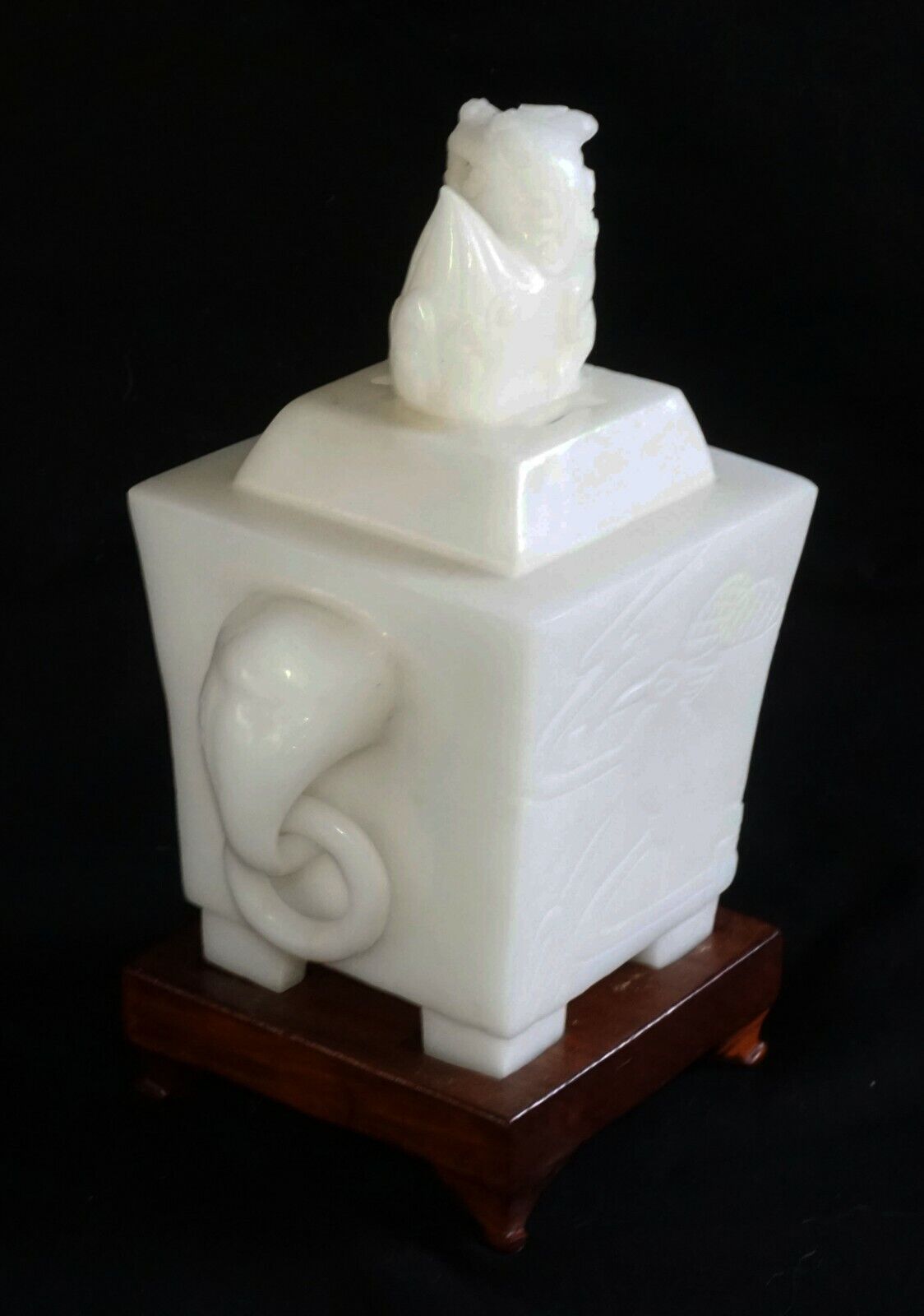 1900 Chinese Alabaster Incense Burner w. Elephant Handles on Fitted Stand (AHB)