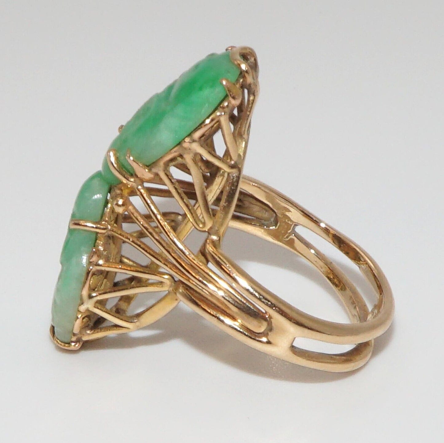 14k Gold Wireframe Ring w 2 Buddha Shaped Apple-Green Jades Sz. 7 1/2 (ArS)