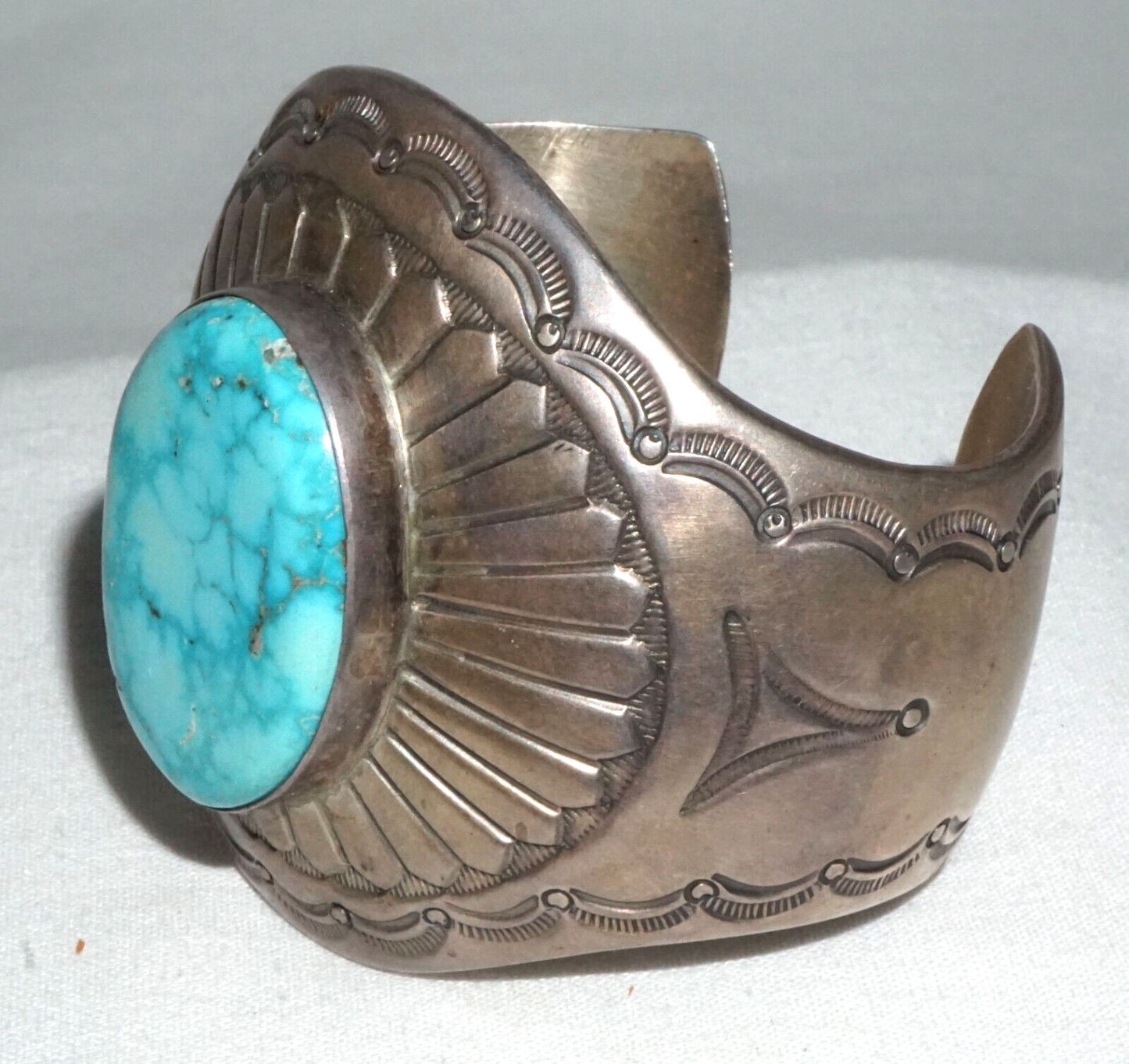 Vintage Navajo Heavy Sterling Silver Bracelet w. Turquoise Harvey Mace (GeB)#17