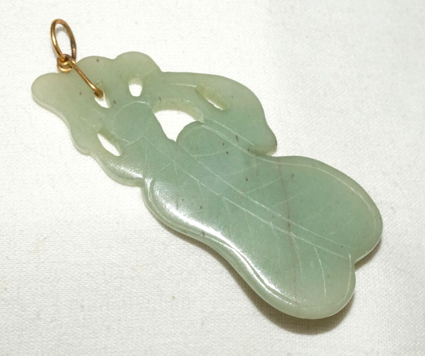 Vintage Chinese Green Jade Leaf Motif Pendant w. 14k Y. Gold Bail (LeS)L21