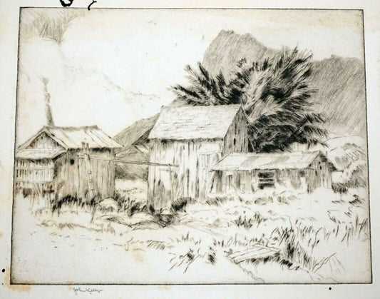 1920s Hawaii Etching Print "Homestead" by John Melville Kelly (1879-1962)(Kel)