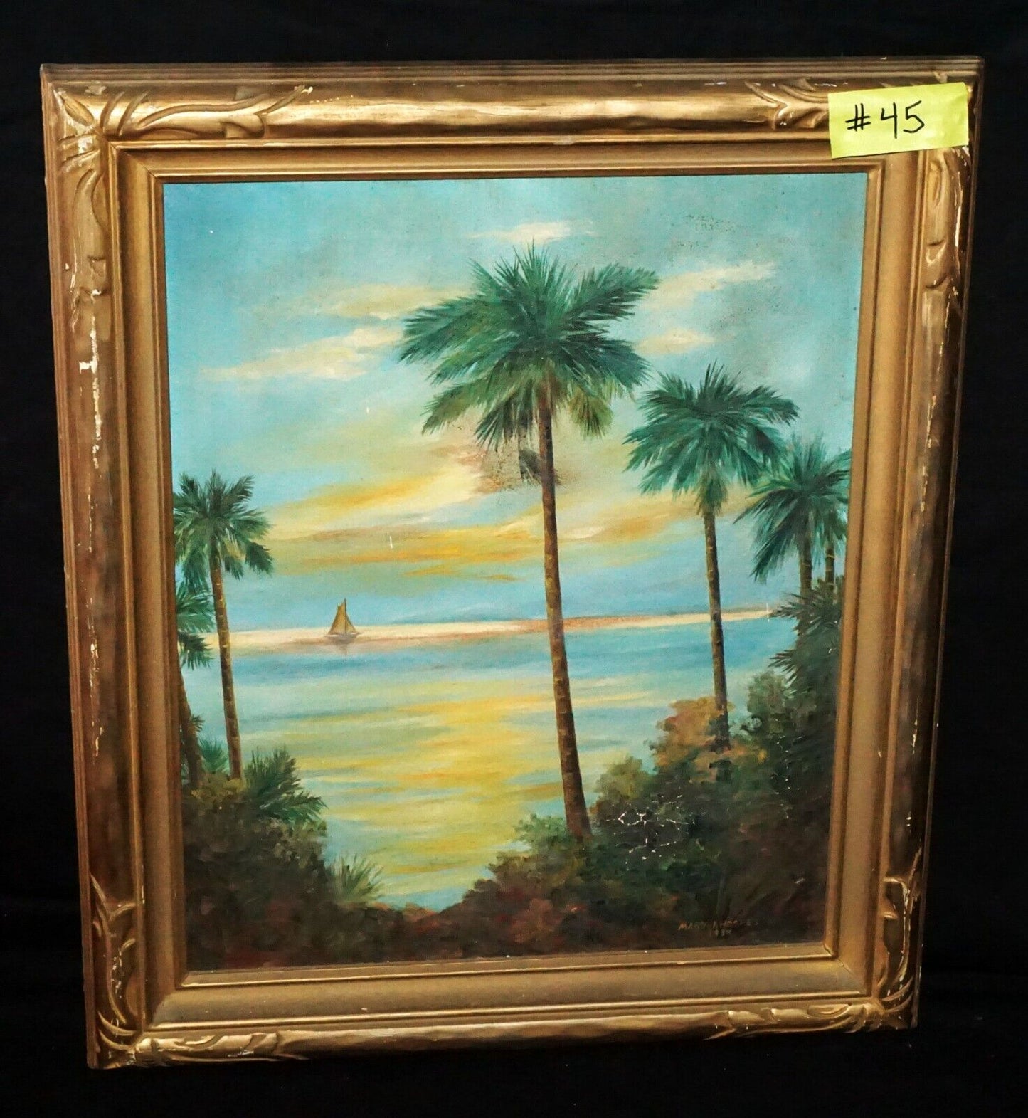 1938 California Framed Oil Painting "Palms & Sailboat" by Mary I. Hoopes (***)