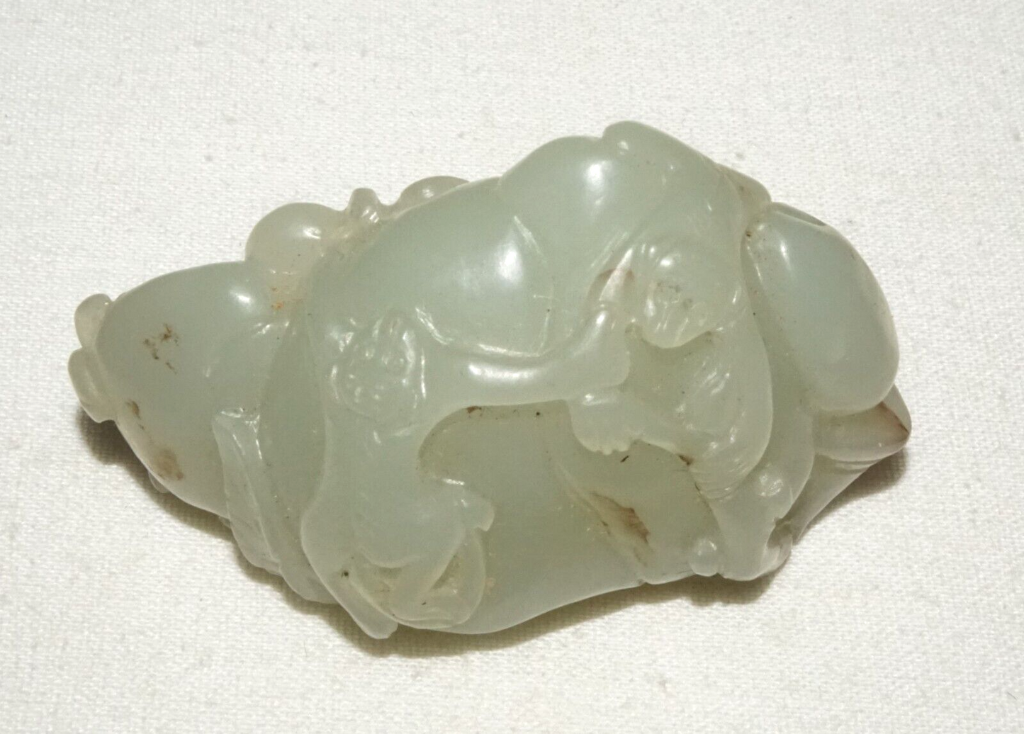 Antique Chinese Finely Carved Nephrite Jade Double Monkey & Peach Motif (InS)L5